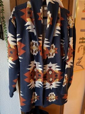 Lucky Brand Southwestern Open Cardigan Navy Rust Cream XL